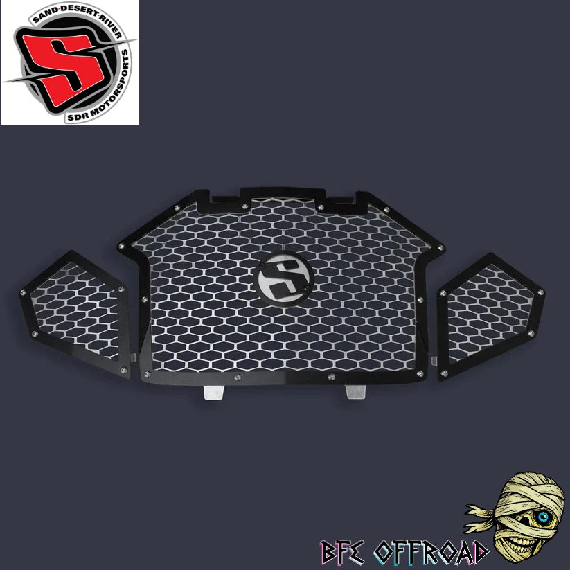 SDR Grill on grey background with SDR and BFE Offroad logo's