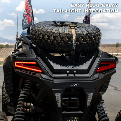 Back view of a vehicle with off-road tires and 'Easy Plug & Play Tail Light Integration' text.
