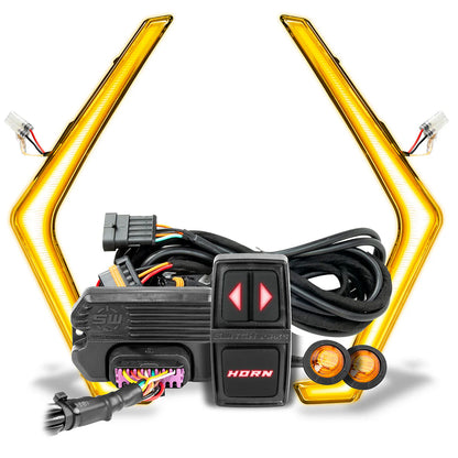 Motorcycle horn switch and wiring kit with yellow handlebar on a white background