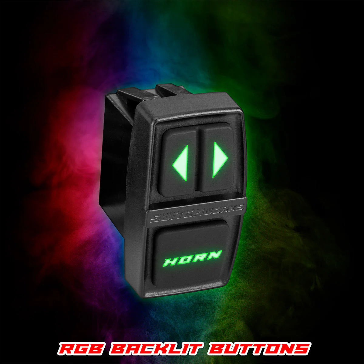 Black switch with RGB backlit buttons on a dark background