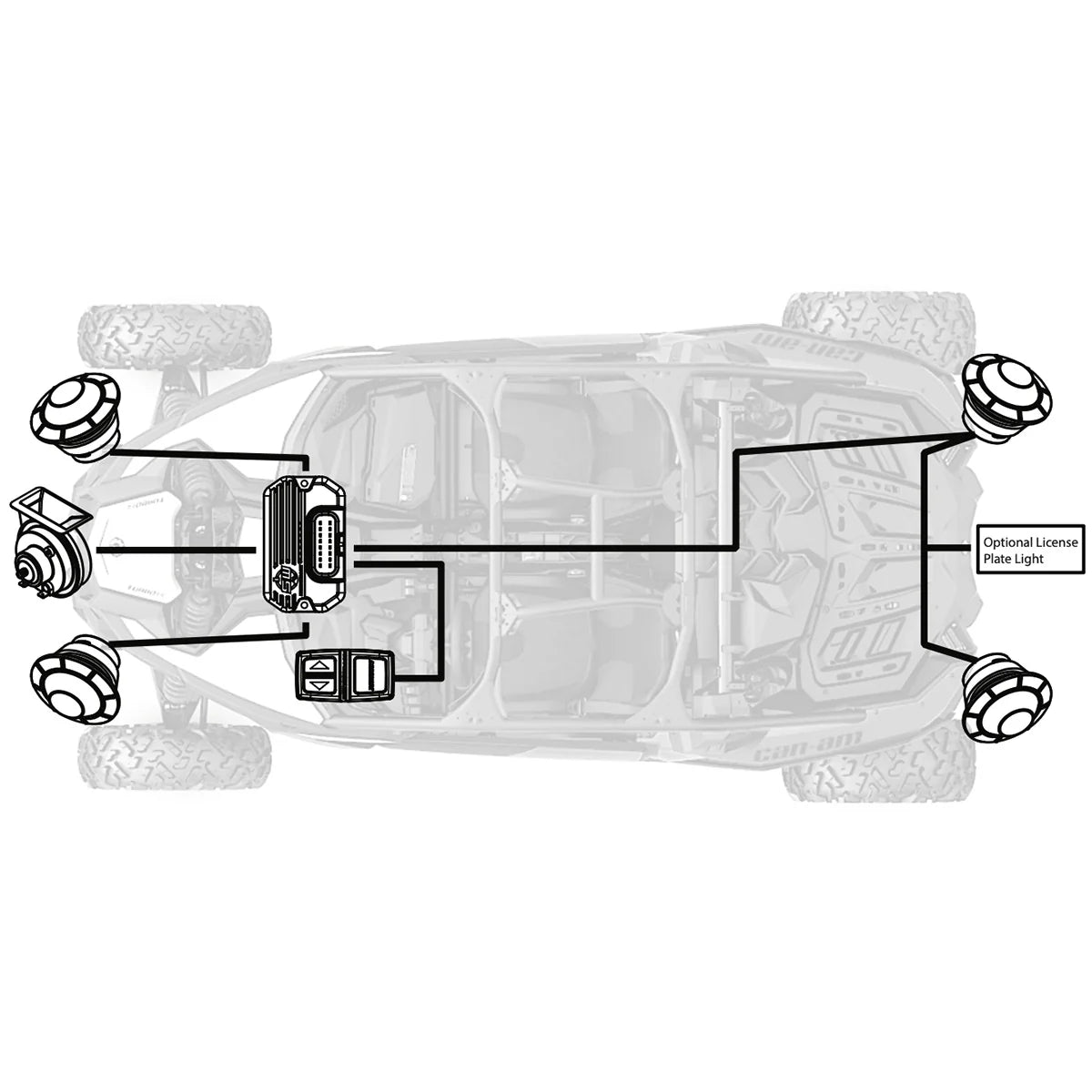 Diagram of a vehicle's top view with labeled lights and components.