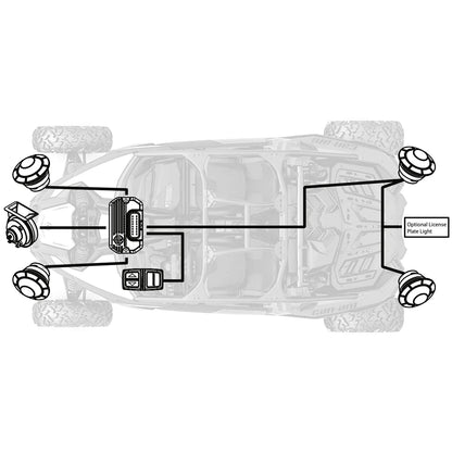 Diagram of a vehicle's top view with labeled lights and components.