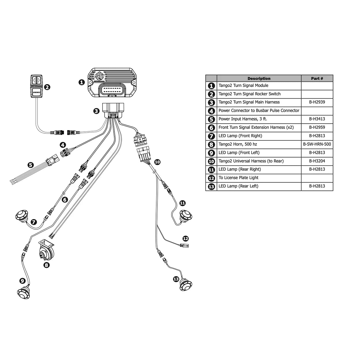 Wiring diagram with components and a parts list on a white background