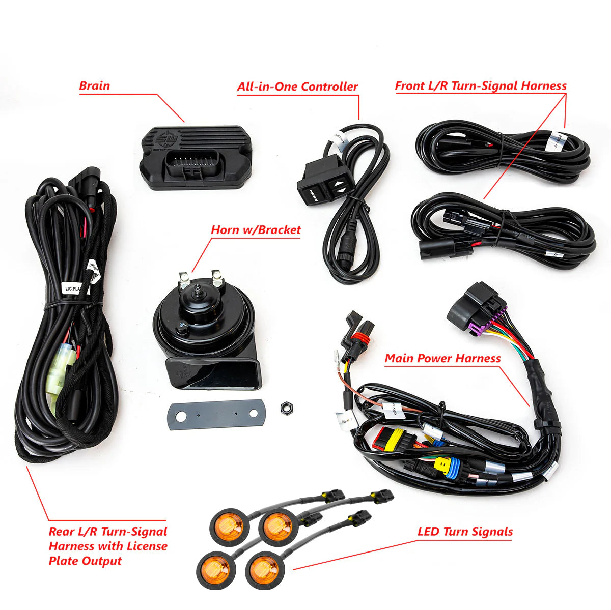 Automotive wiring harness kit with labeled components on a white background
