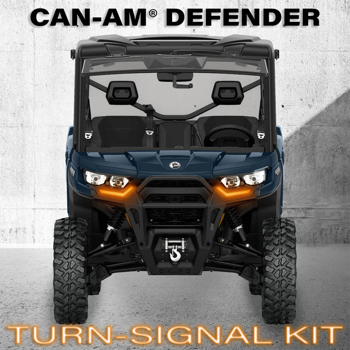 Can-Am Defender UTV with turn-signal kit on a gray background