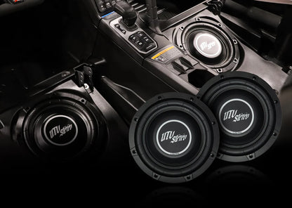 Car audio system with subwoofers and a visible brand logo on a dark background