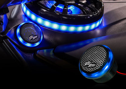Car cup holders with blue LED lights and 'Mega Sound' branding.