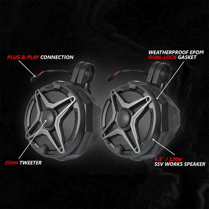 Two SSV Works speakers with features highlighted on a dark background