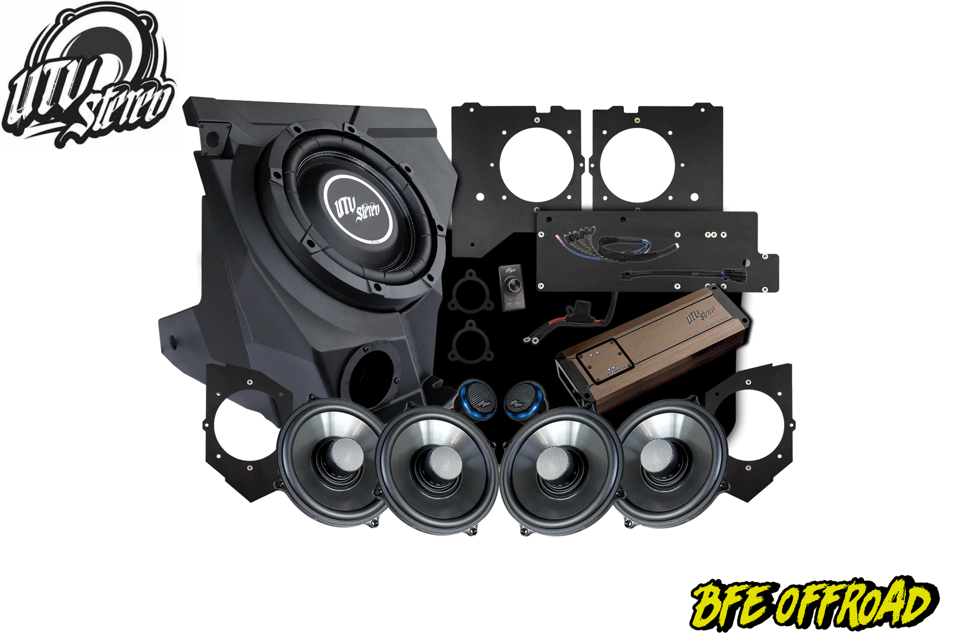 BFE Offroad audio system components on a white background with Utv Stereo logo.