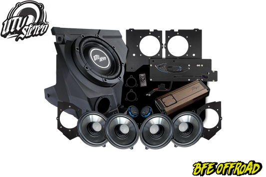 BFE Offroad audio system components on a white background with Utv Stereo logo.