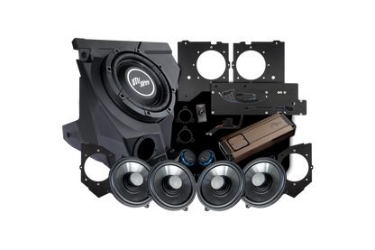 Car audio component set including subwoofer and speakers on a white background