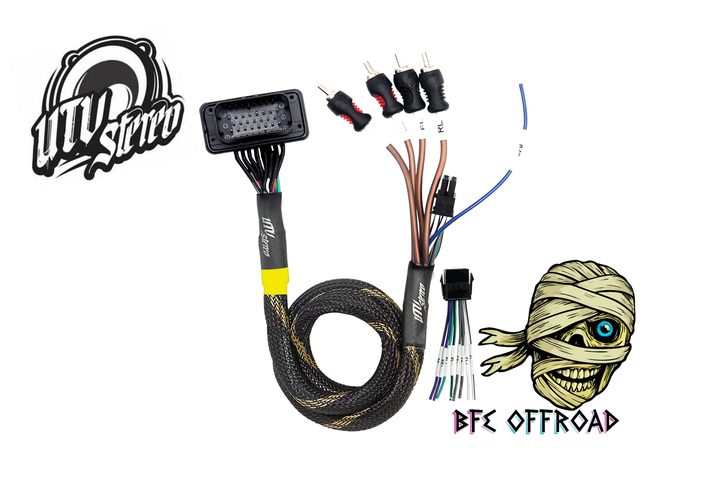 Wiring harness kit with connectors and UTV Stereo logo on a white background