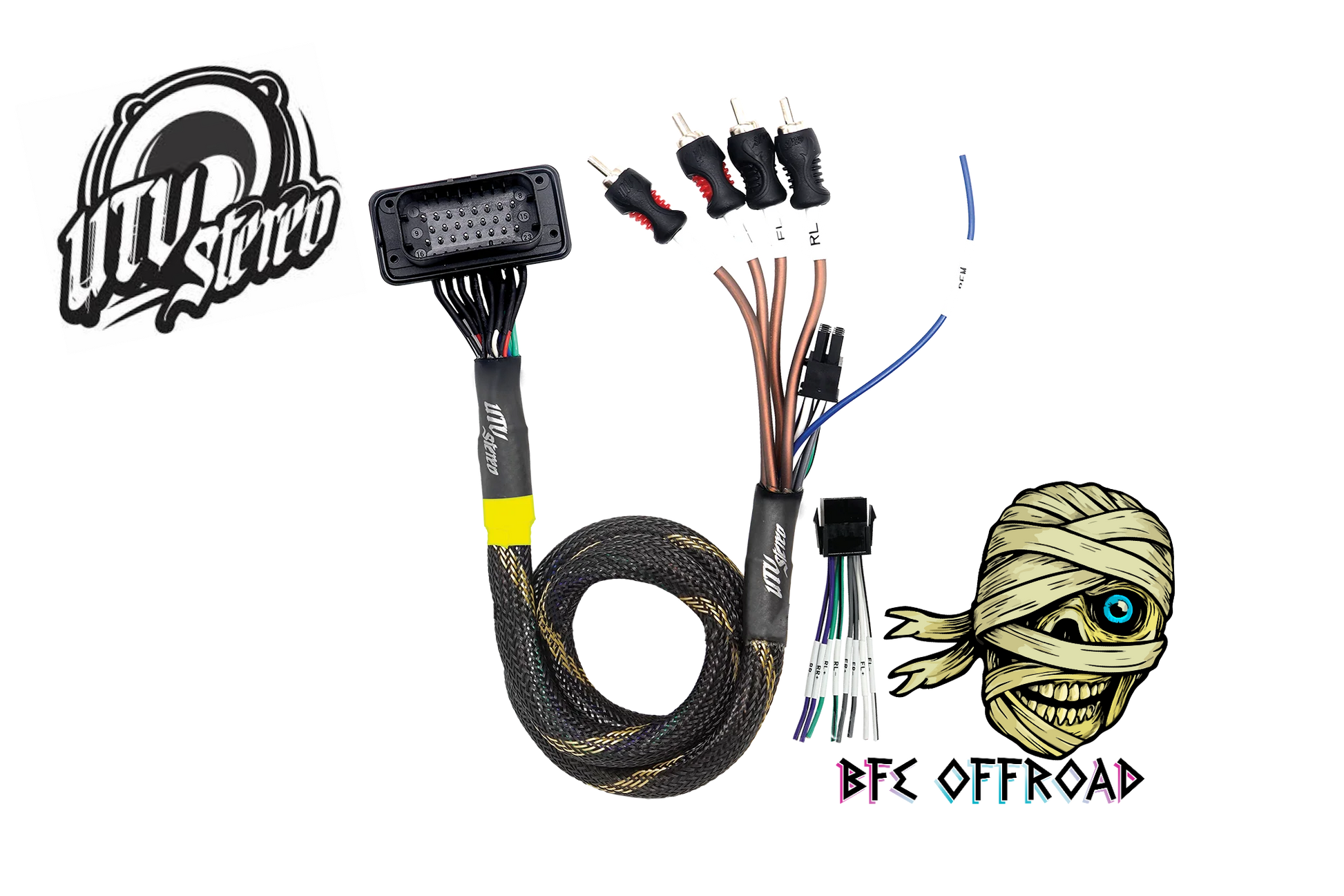 Wiring harness kit with connectors and UTV Stereo logo on a white background