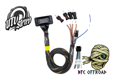 Wiring harness kit with connectors and UTV Stereo logo on a white background