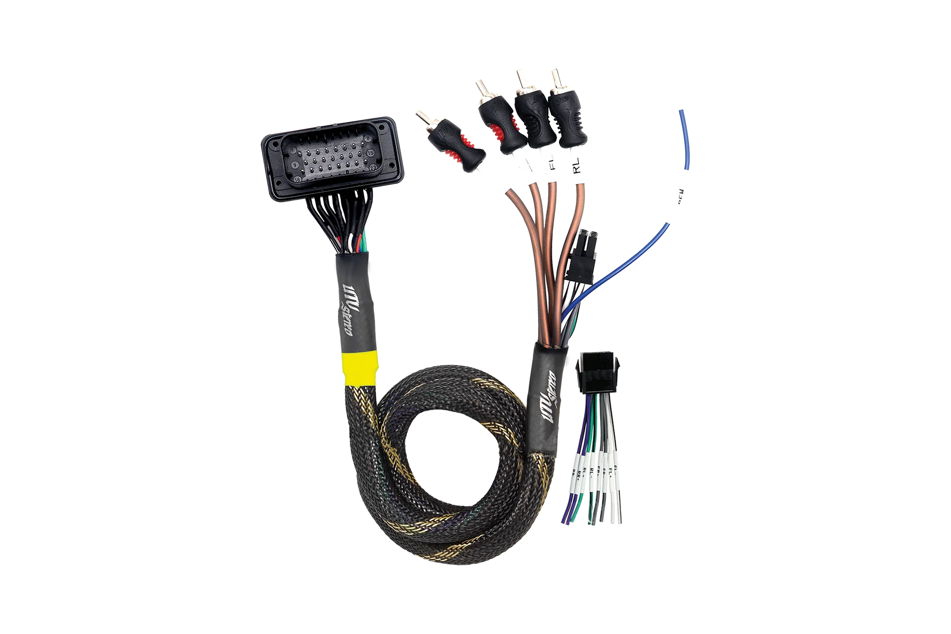 Car audio wiring harness with connectors on a white background