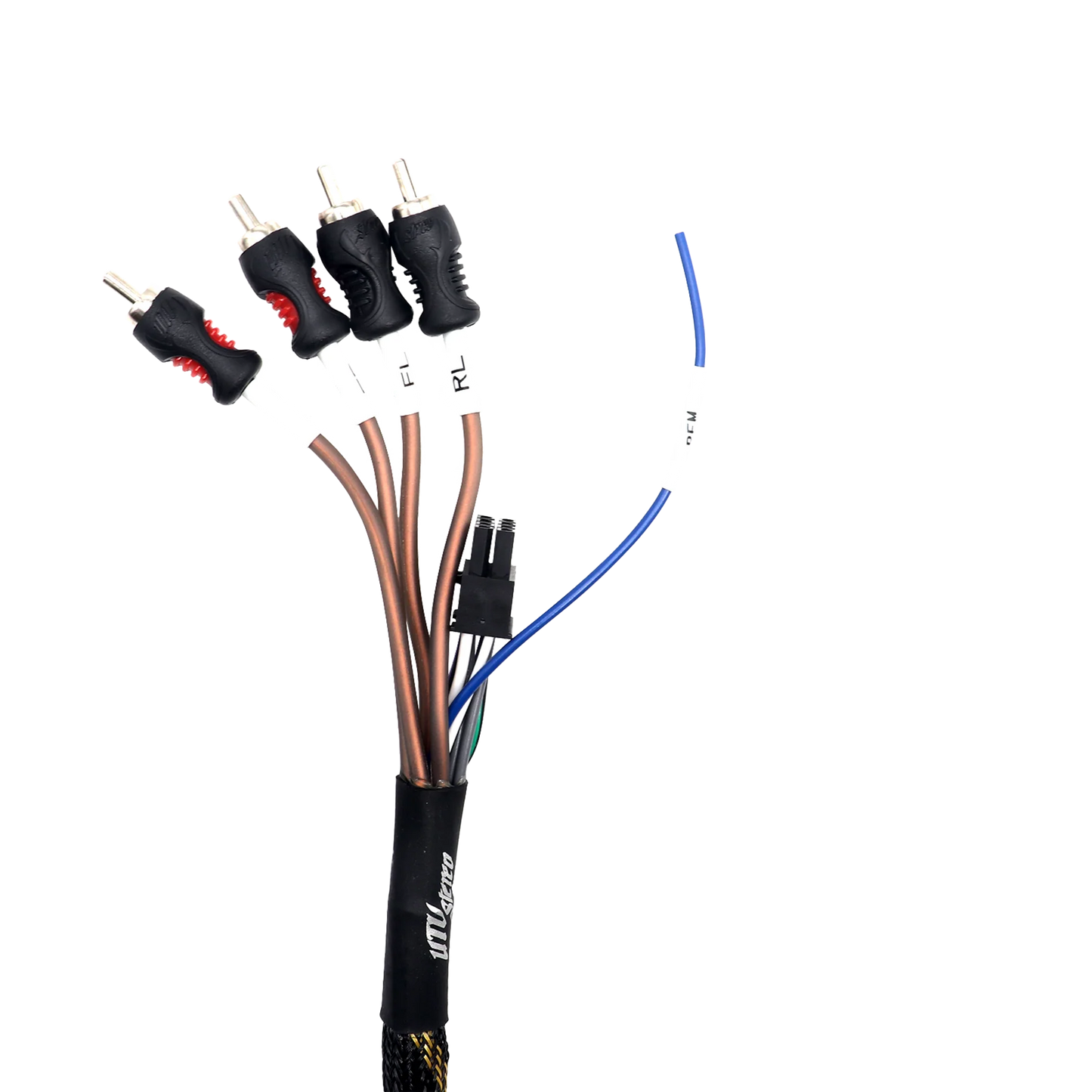 Close-up of audio cable with connectors on a white background