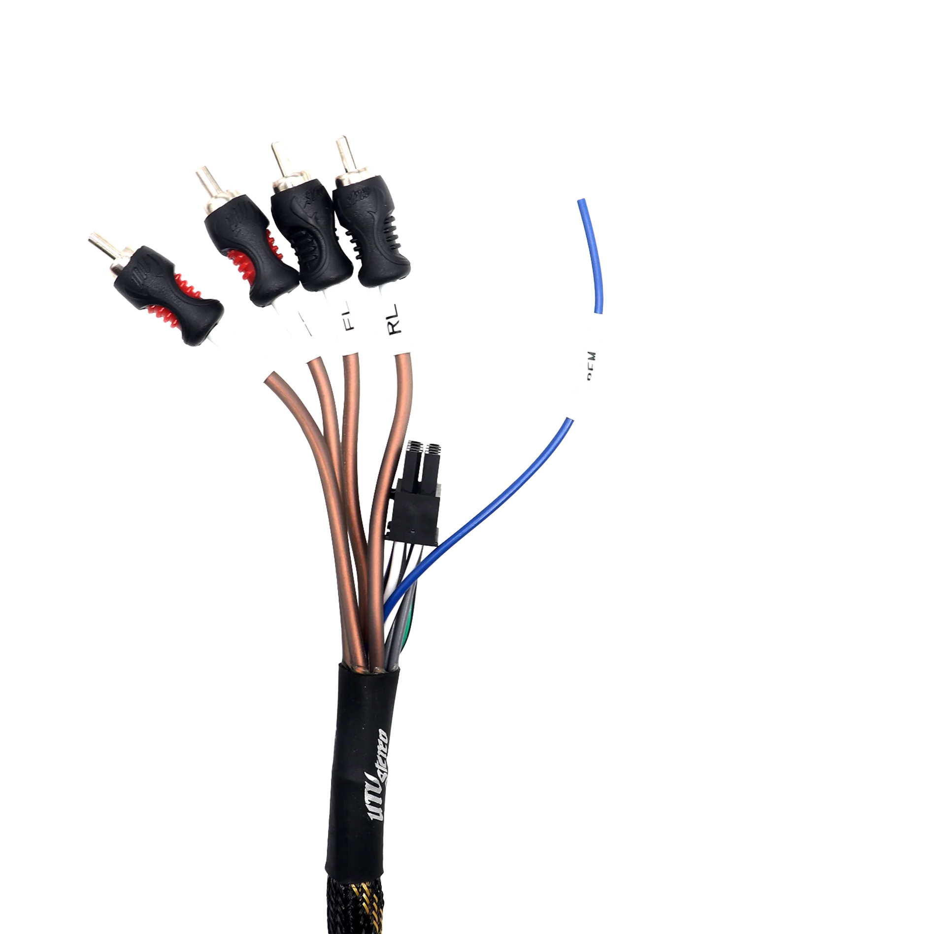 Close-up of audio cable with connectors on a white background