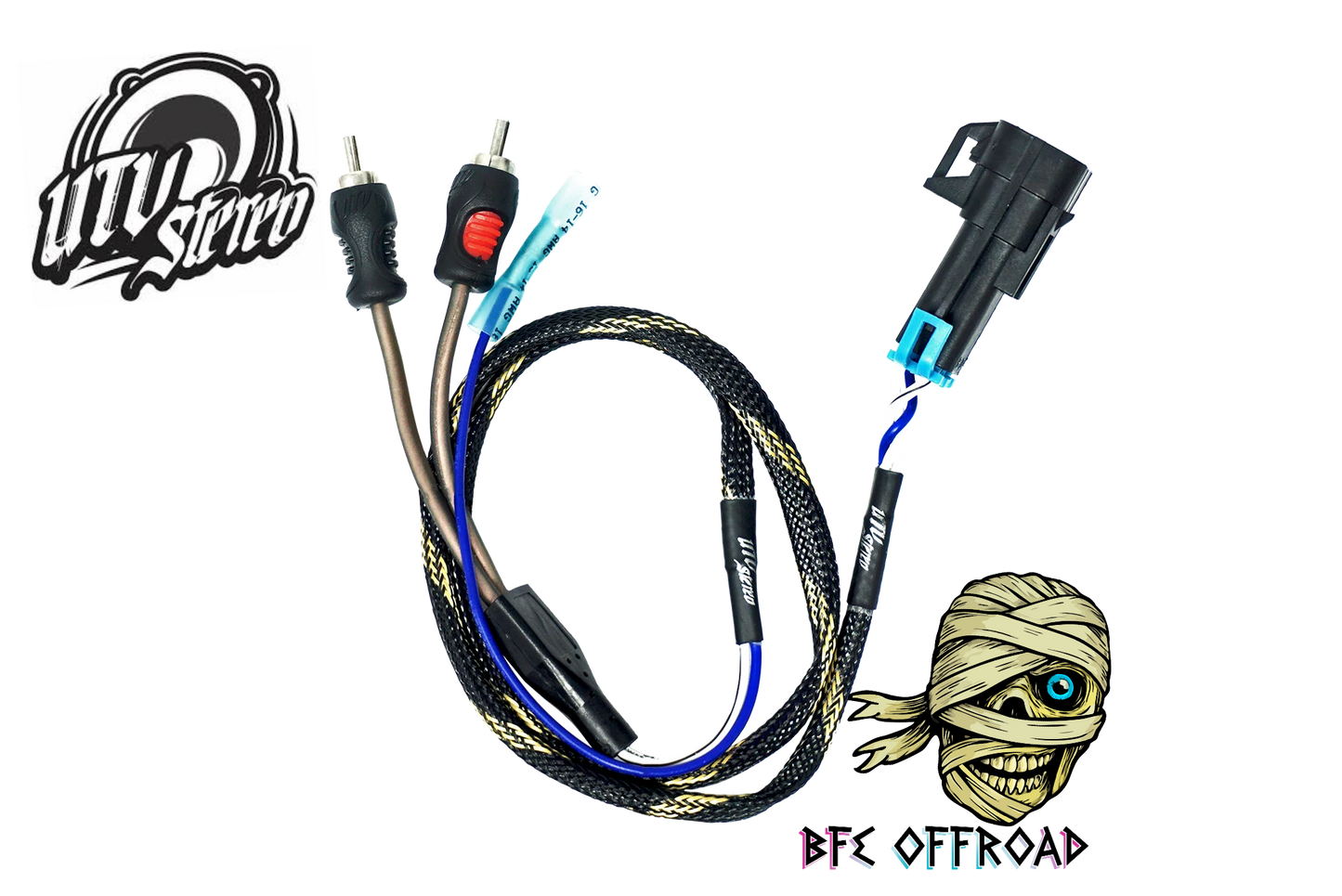 Car audio cable with connectors on a white background, featuring 'BFE Offroad' branding.
