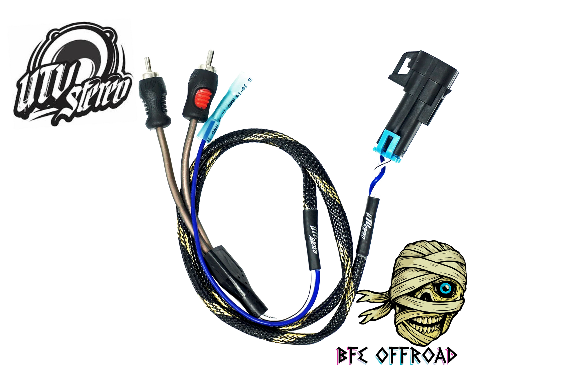 Car audio cable with connectors on a white background, featuring 'BFE Offroad' branding.