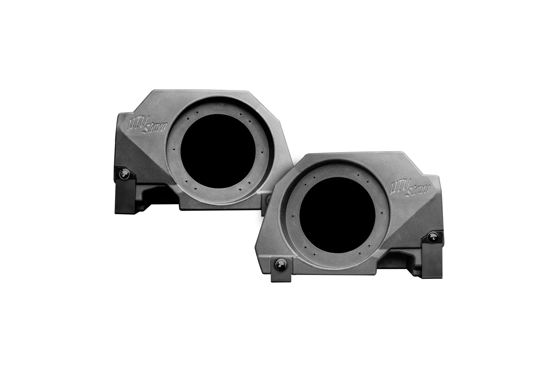 Two gray subwoofer enclosures on a white background