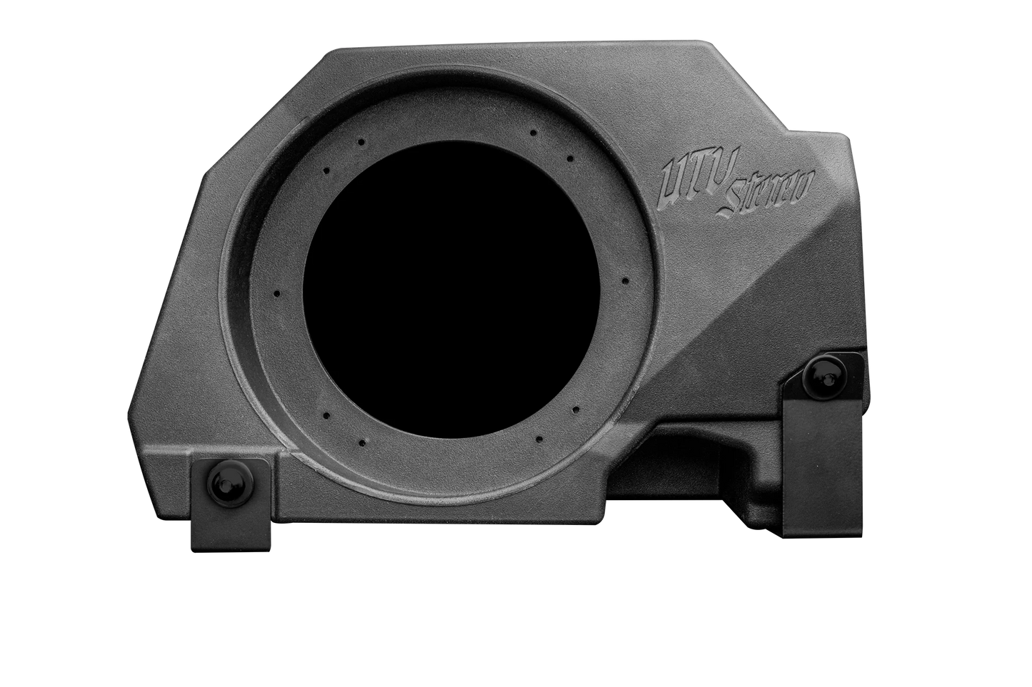 Black subwoofer enclosure with 'UTV Stereo' branding on a white background