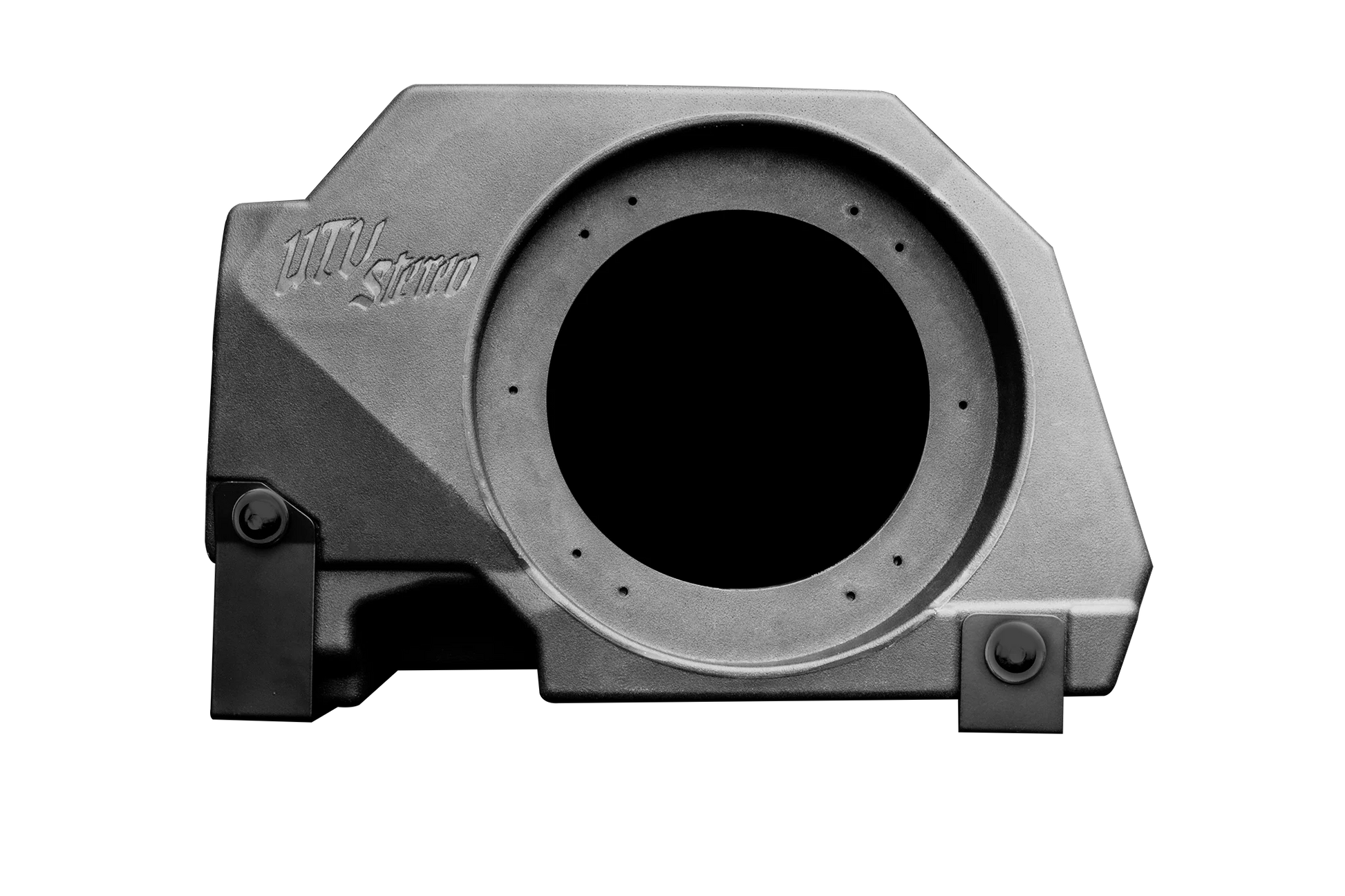 Gray subwoofer enclosure with a brand logo on a white background
