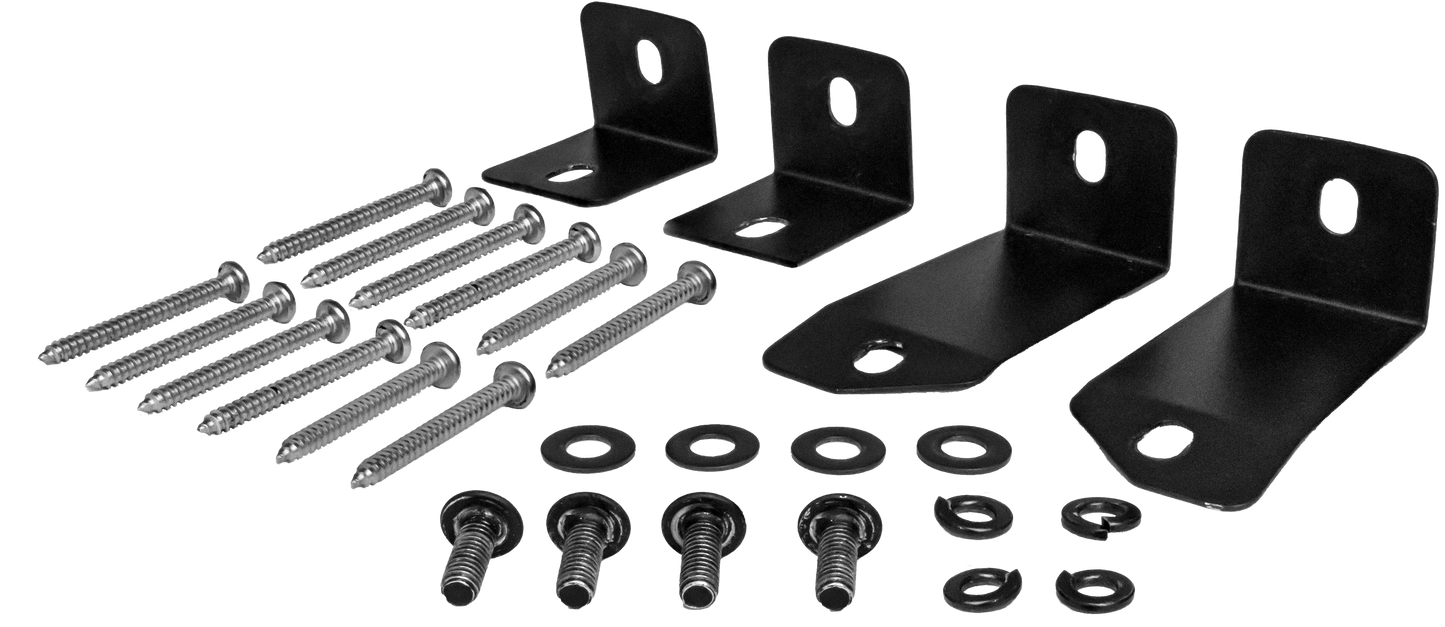 Set of black metal brackets and screws on a white background