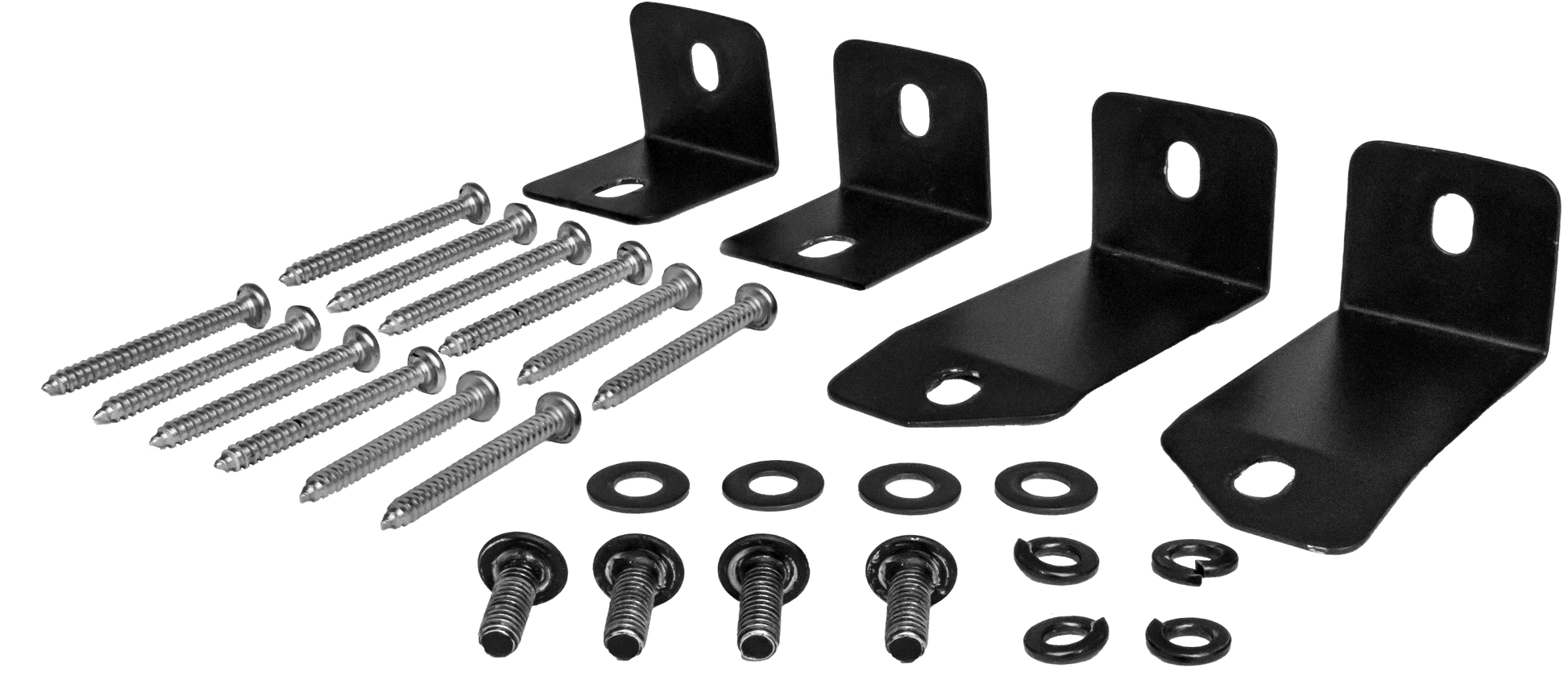 Set of black metal brackets and screws on a white background