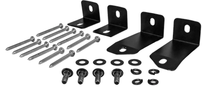 Set of black metal brackets and screws on a white background