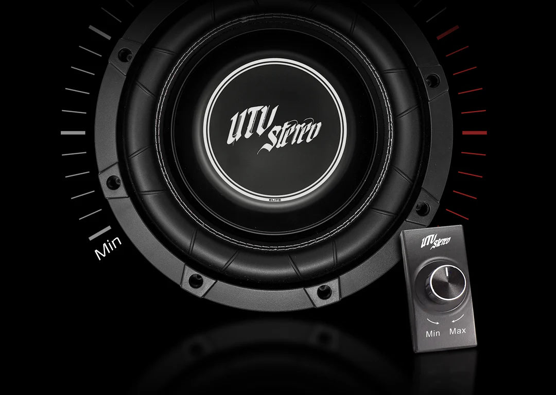 Black subwoofer with UTV Stereo logo on a black background