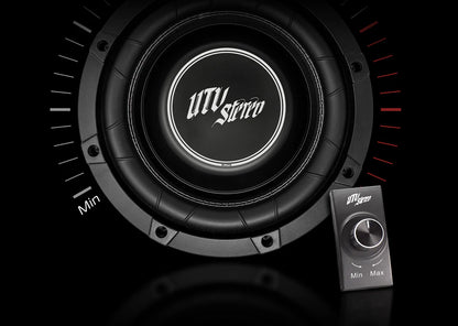 Black subwoofer with UTV Stereo logo on a black background