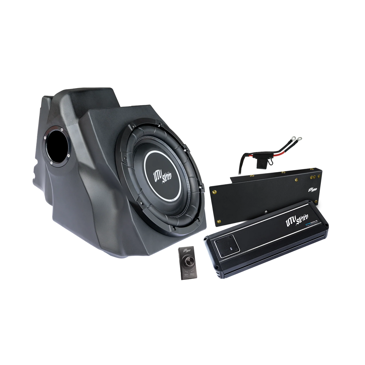 Car audio system with subwoofer and amplifier on a white background