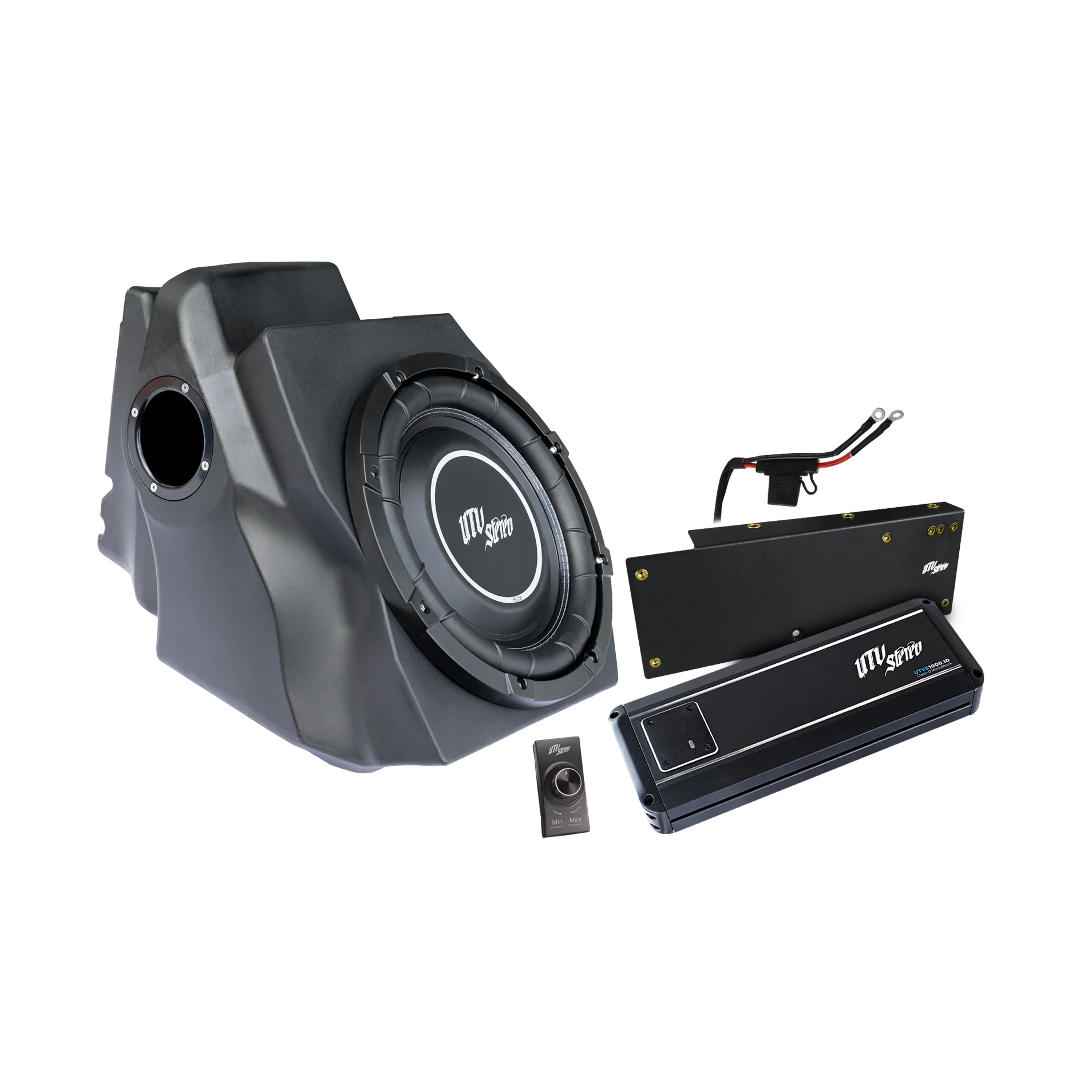 Car audio system with subwoofer and amplifier on a white background