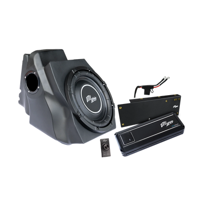 Car audio system with subwoofer and amplifier on a white background