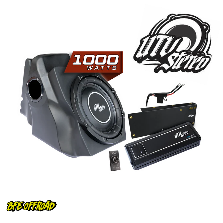 Car audio system with subwoofer, amplifier, and '1000 Watts' label on a white background.