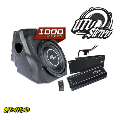 Car audio system with subwoofer, amplifier, and '1000 Watts' label on a white background.