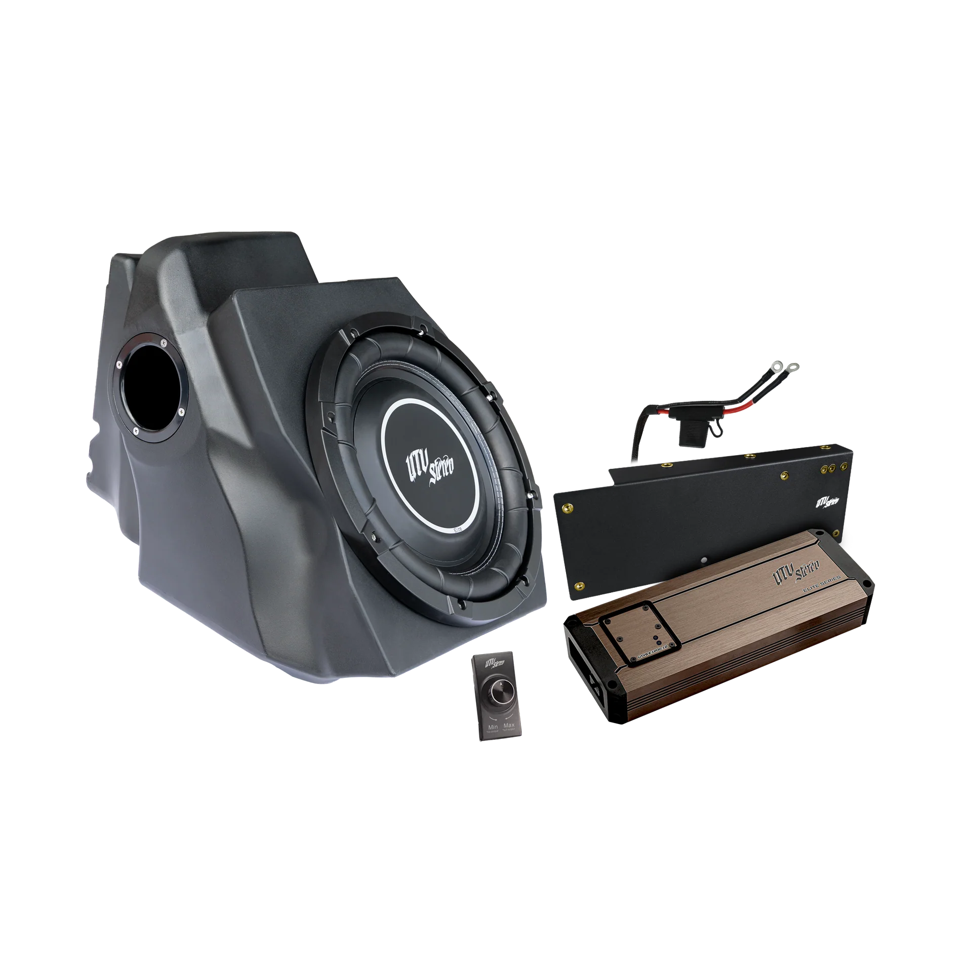 Car subwoofer and amplifier set on a white background