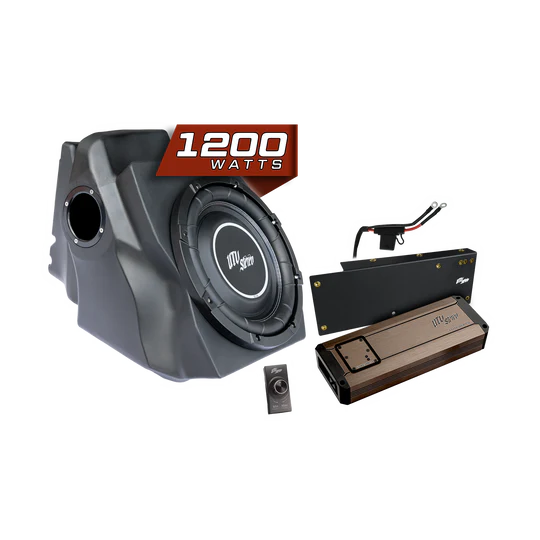 Car audio system with subwoofer and amplifier on a white background
