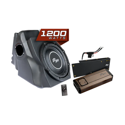 Car audio system with subwoofer and amplifier on a white background