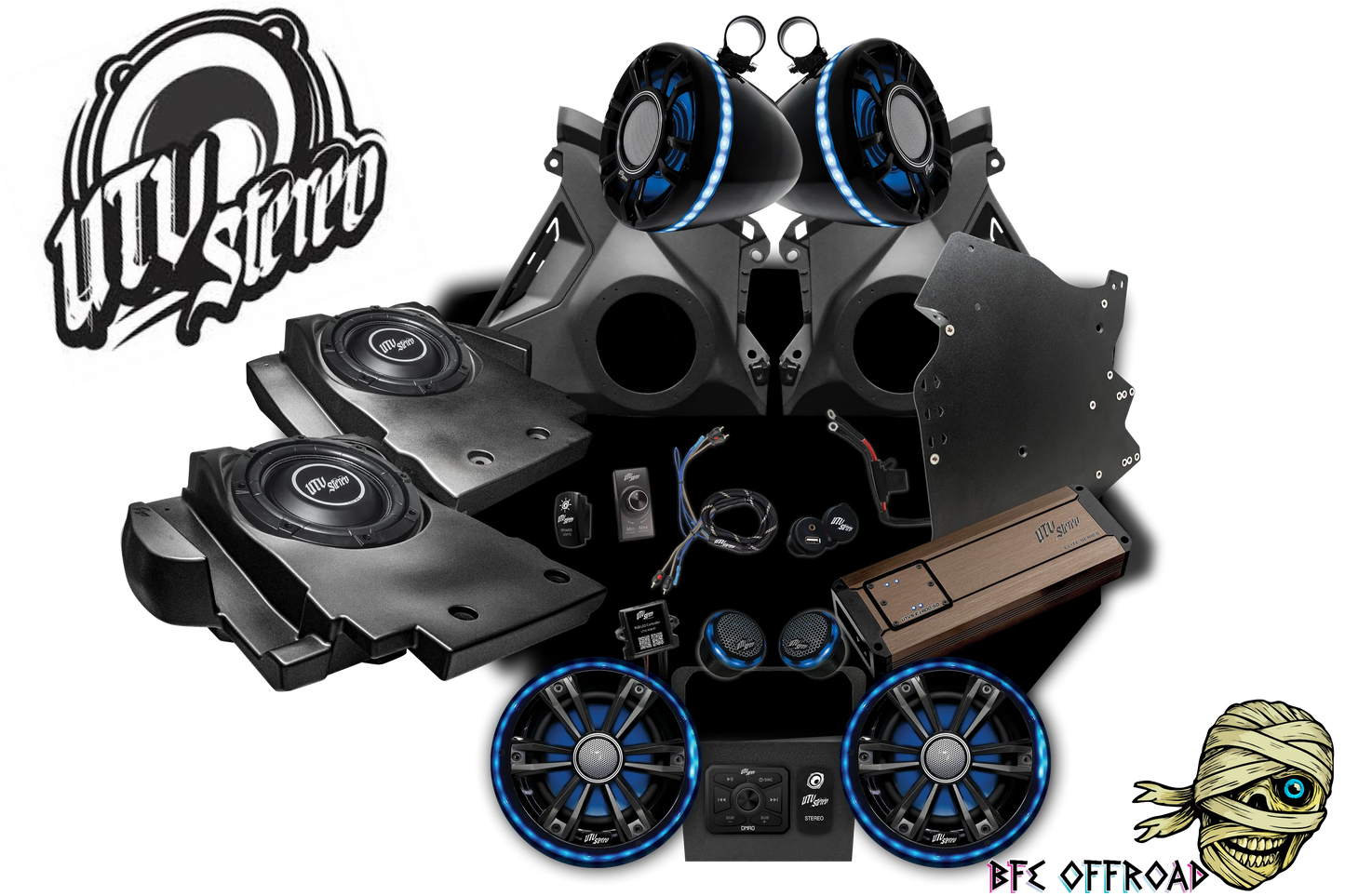 UTV audio system with speakers and amplifier on a white background, featuring the BFE Offroad logo.