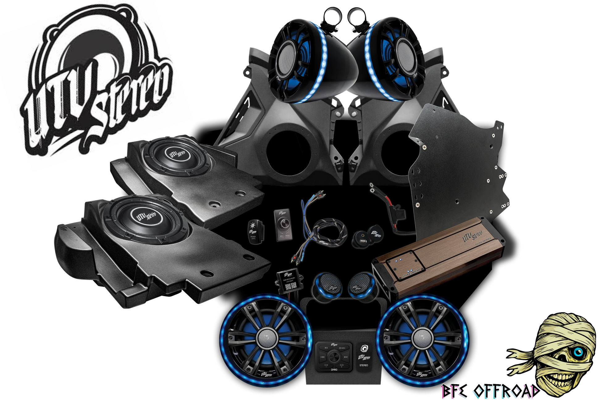 UTV audio system with speakers and amplifier on a white background, featuring the BFE Offroad logo.