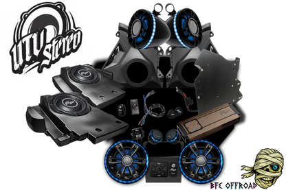 UTV audio system with speakers and amplifier on a white background, featuring the BFE Offroad logo.