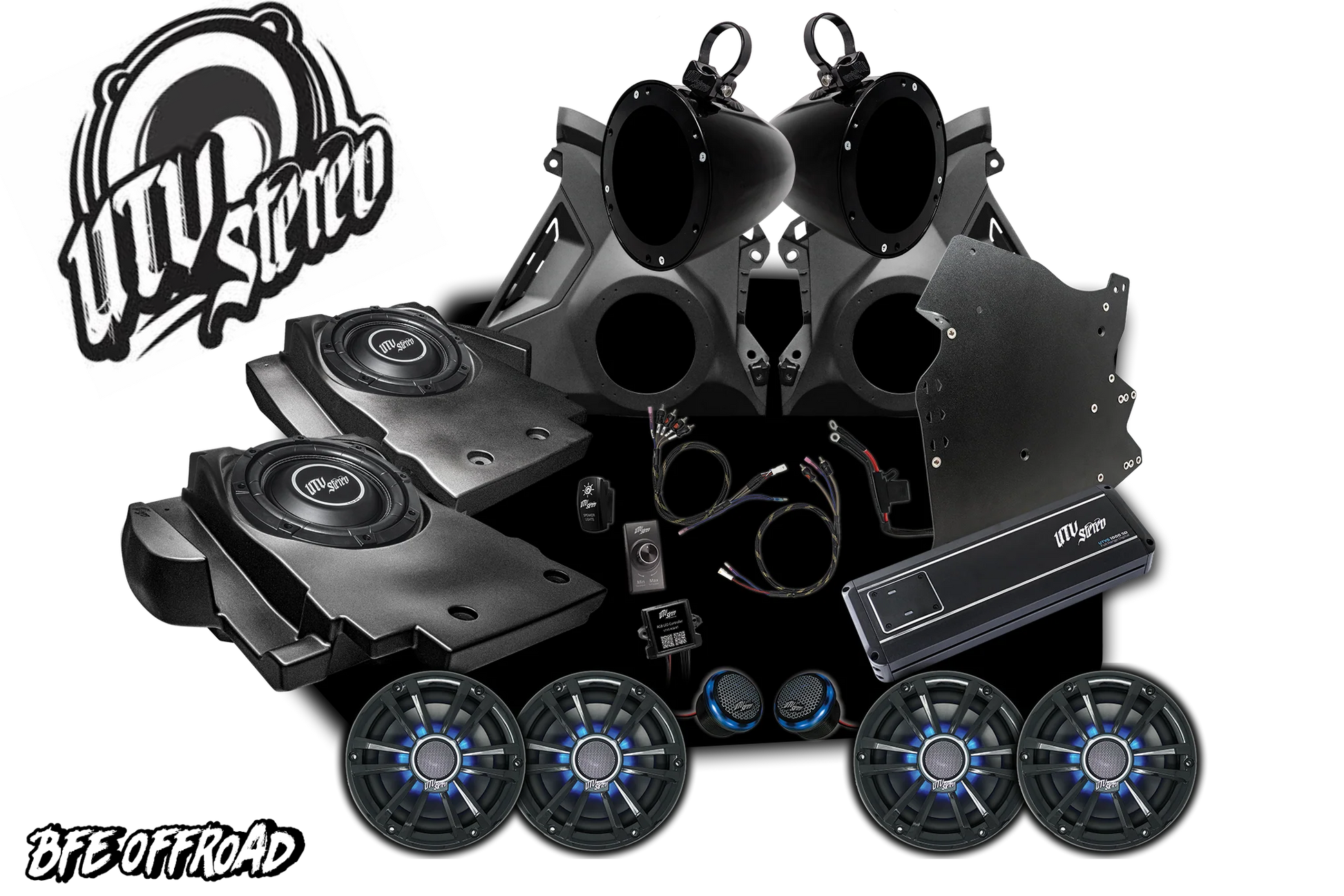 Car audio system with speakers and amplifier on a white background, featuring UTV Stereo logo.