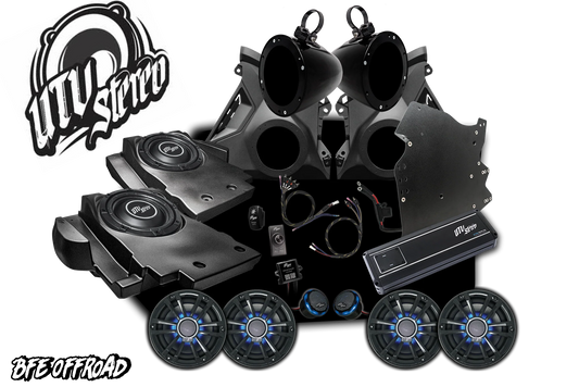 Car audio system with speakers and amplifier on a white background, featuring UTV Stereo logo.