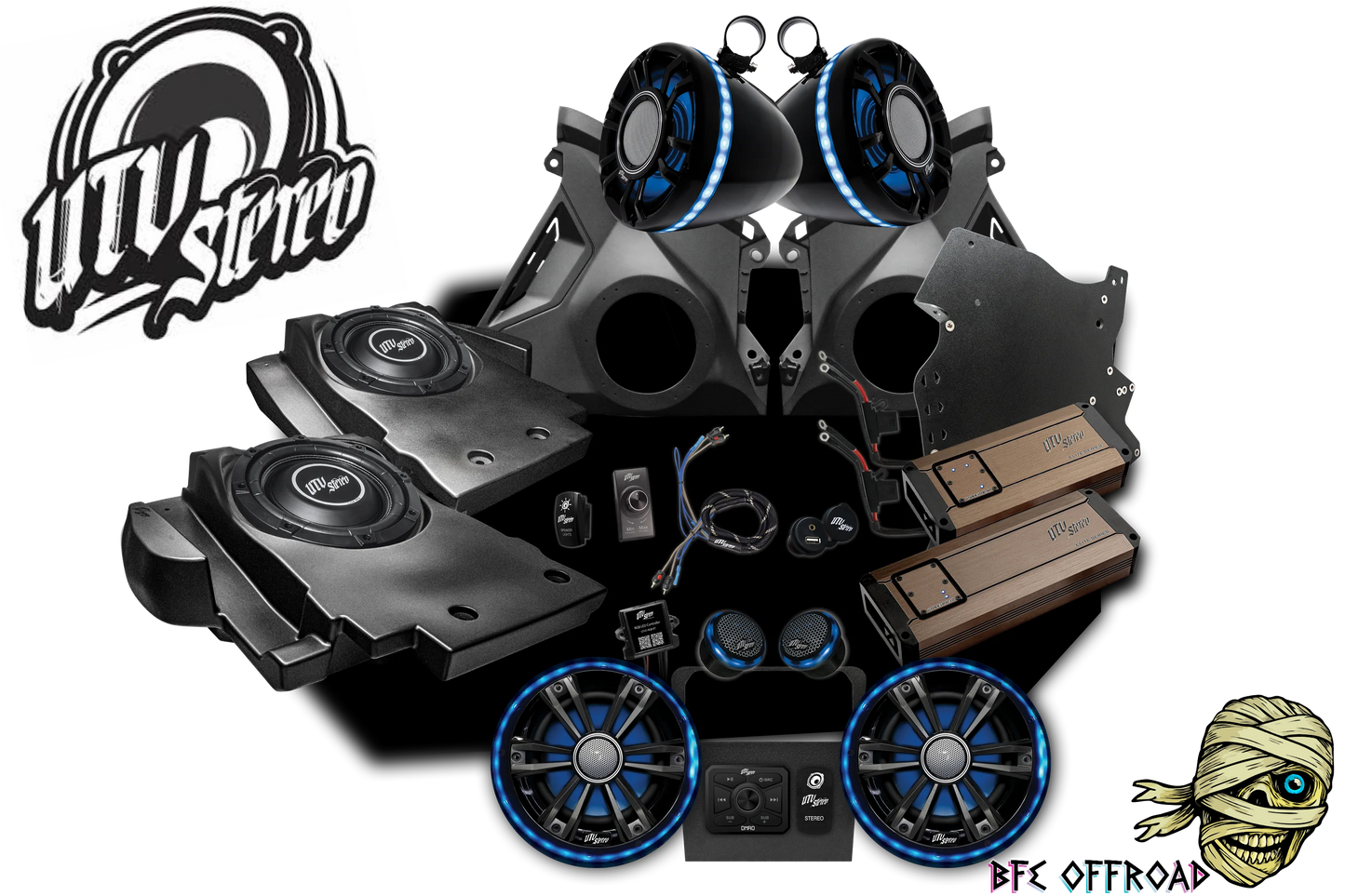 UTV stereo system with speakers and amplifiers on a white background, featuring UTV Stereo logo.