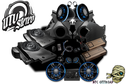 UTV stereo system with speakers and amplifiers on a white background, featuring UTV Stereo logo.
