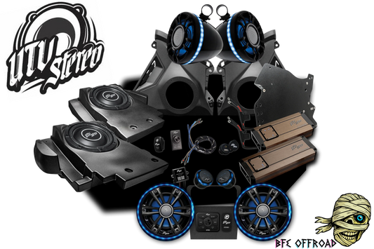 UTV stereo system with speakers and amplifiers on a white background, featuring UTV Stereo logo.