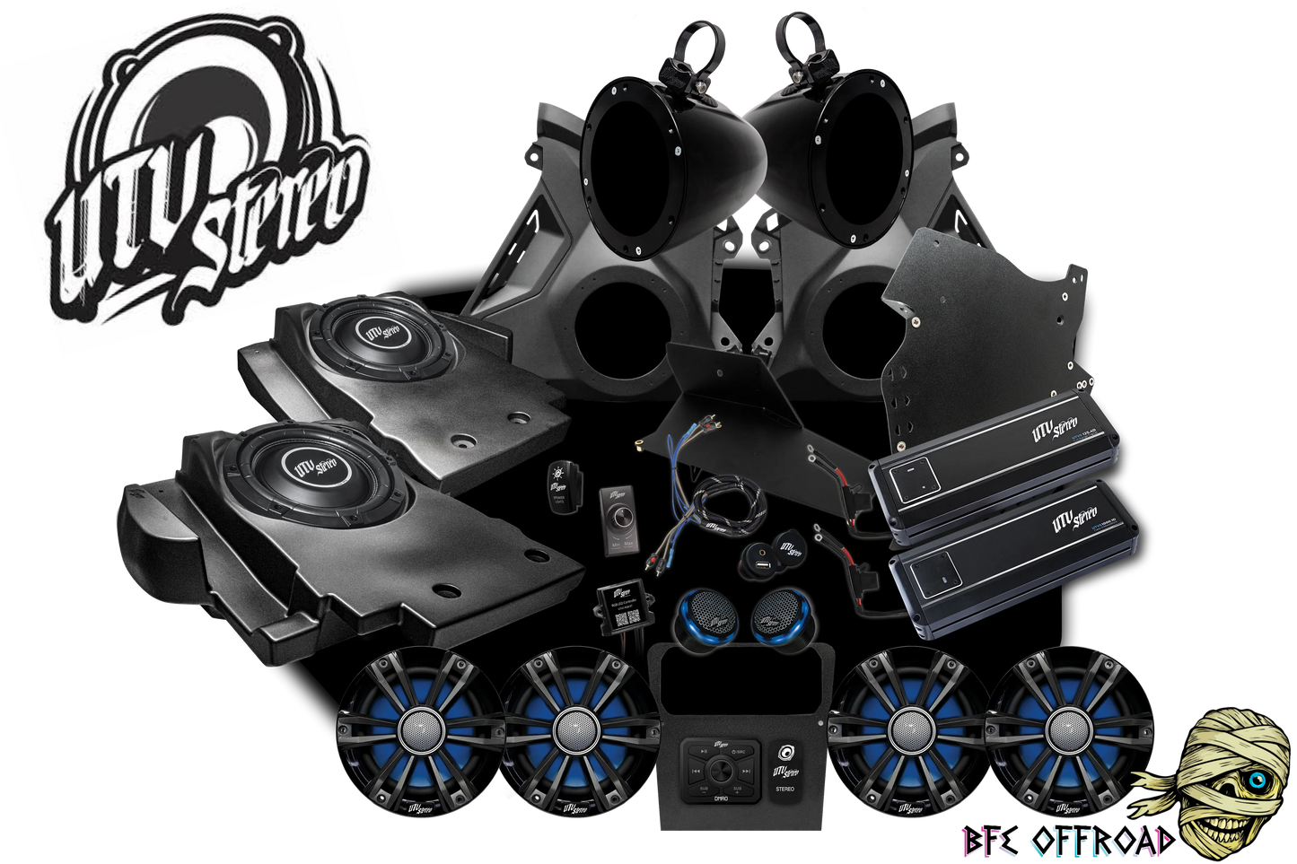 UTV Stereo Stage kit on white background with UTV Stereo Branding and BFE Offroad Branding