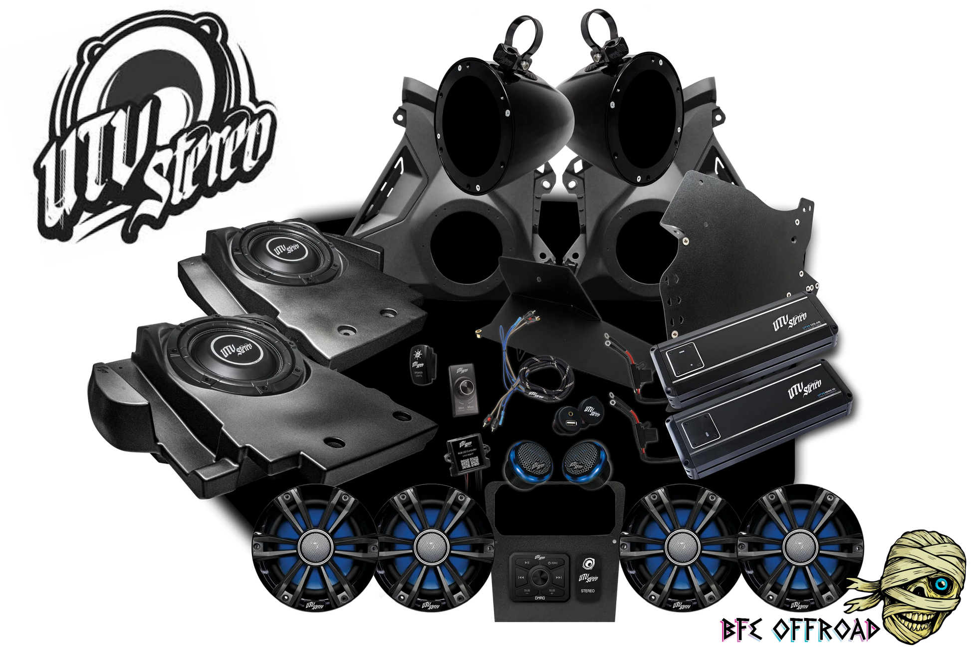 UTV Stereo Stage kit on white background with UTV Stereo Branding and BFE Offroad Branding
