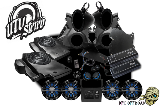 UTV Stereo Stage kit on white background with UTV Stereo Branding and BFE Offroad Branding